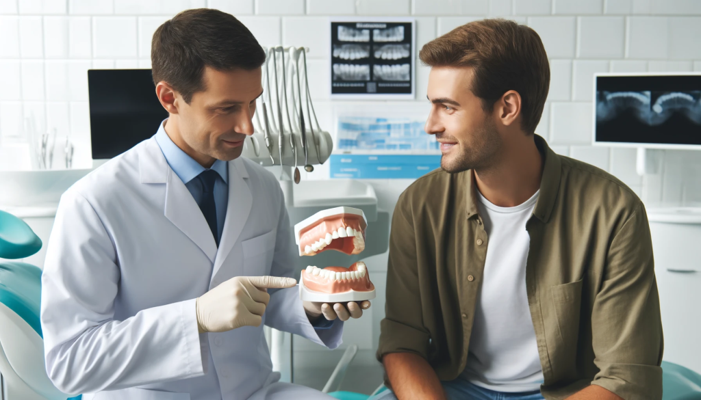 A dentist in a clean, professional dental office explains post-extraction care to a patient using a model of teeth. Dental instruments and charts are visible in the background.