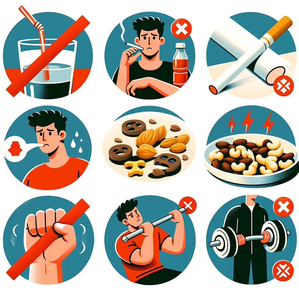 Illustration of prohibited activities post wisdom tooth extraction in Monrovia, including eating hard foods and heavy exercise.